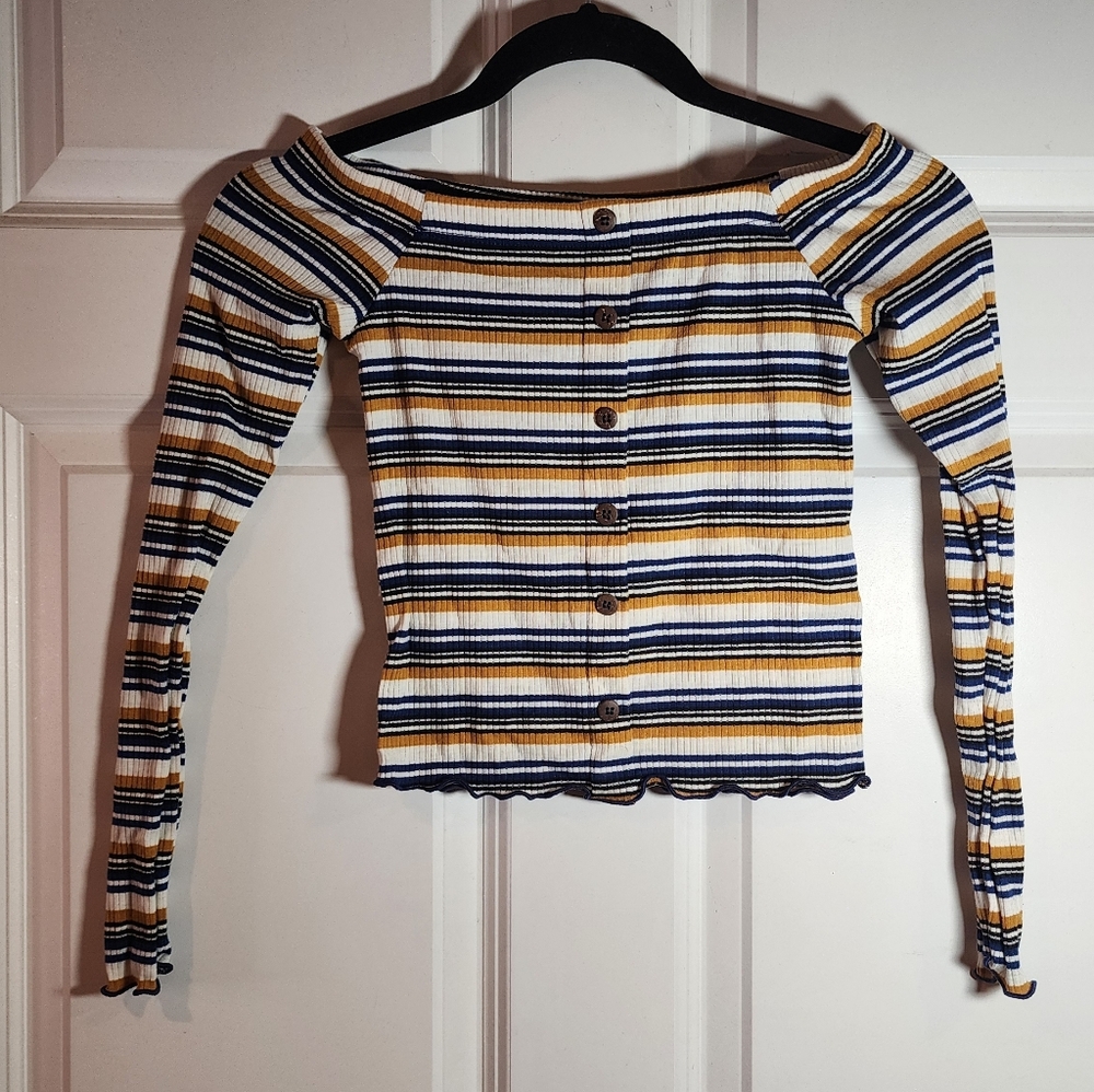 Rue 21 Multicolor Stripe Long Sleeve Ribbed Off The Shoulder Crop Top S